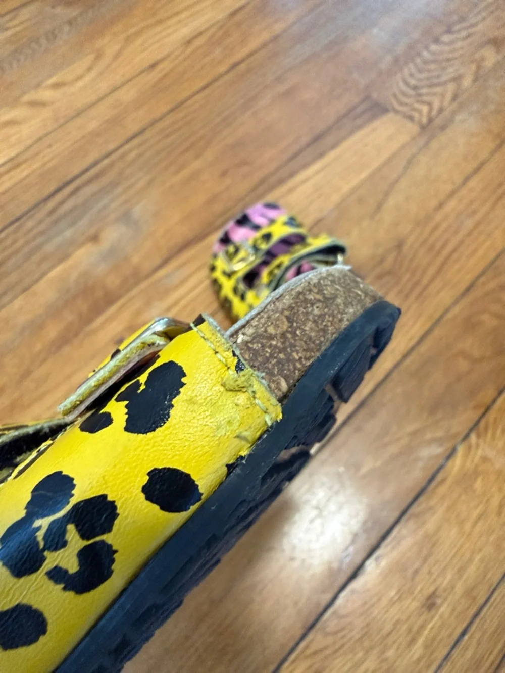 Moschino Kids Yellow Leopard Print birk cork Sandals Pink Zebra Insole 23 - US 7